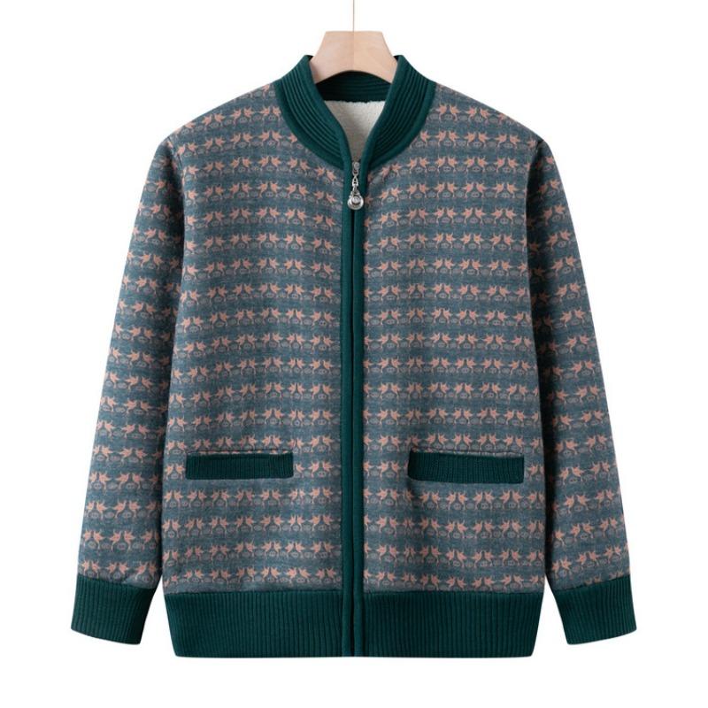 Mom's Autumn and Winter New Plush Top Medium Women's Cardigan Sweater Middle-aged and Elderly Casual Foreign Jacket