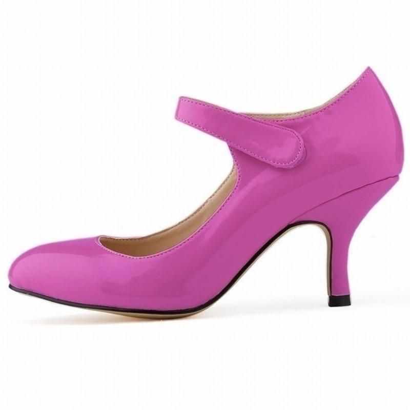 Zapatos de tacón alto informales de charol con tiras en el tobillo para mujer, 7 cm, tacón medio, cómodos, redondos, de boca baja, para trabajo, boda, color rojo