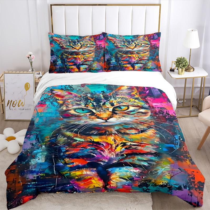 3pcs Colorful Cat Art Print Duvet Cover Set - Includes 1 Duvet Cover and 2 Pillowcases, No Quilt Core, All-Season Home Decor Yy251111058