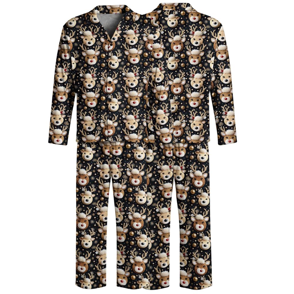 Men's Loose Fit Christmas Print Pajama Set with Button Down Top and Straight Leg Pants - Two Piece Holiday Sleepwear