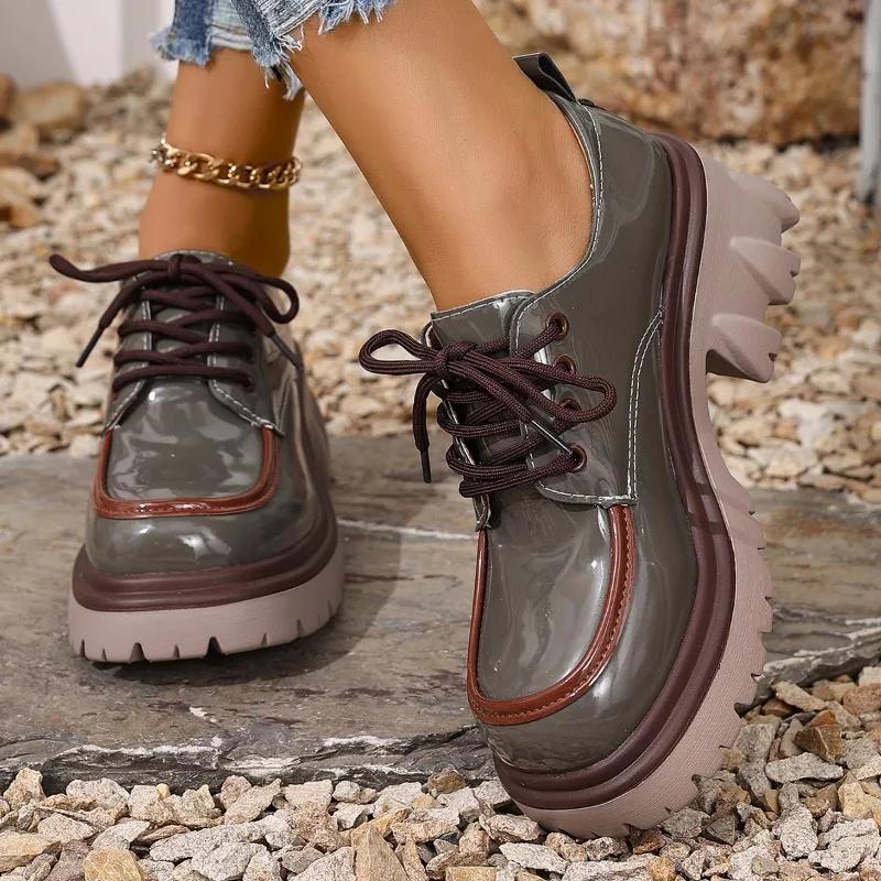 

Модные туфли-лоферы больших размеров 2025 года, женские туфли на высоком каблуке, на платформе, с круглым носком, на среднем каблуке, на шнуровке, туфли-лодочки для ретро-офиса и карьеры 42 светло-серый