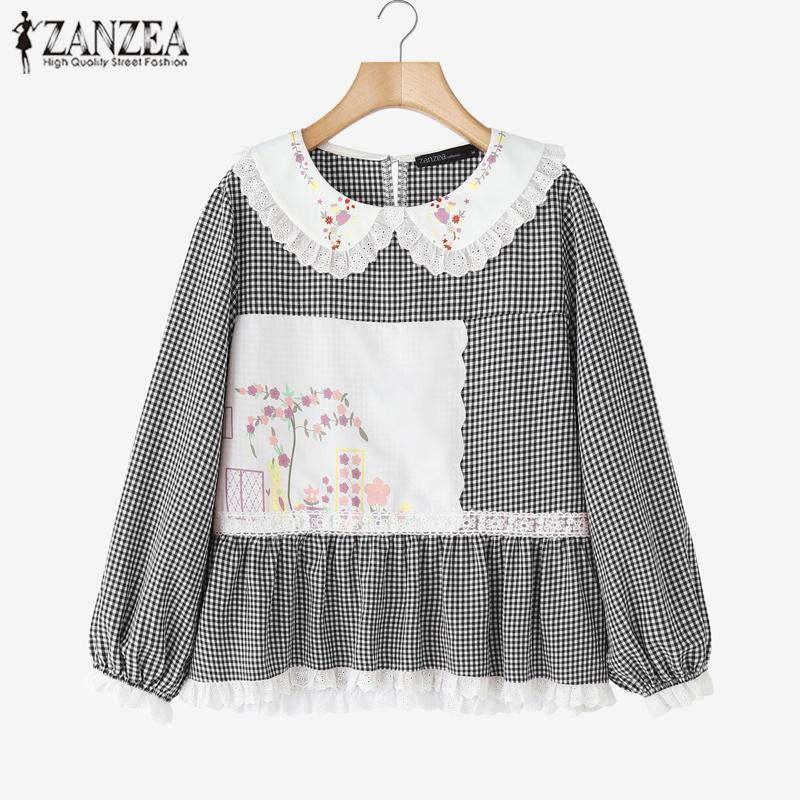 

ZANZEA Женская повседневная блузка в клетку пэчворк с кукольным воротником, свободная, с длинным рукавом 4XL чёрный