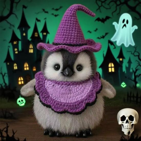 Halloween Penguin Doll 10" Penguin Plush Doll Toy with Knitted Witch Hat Small Stuffed Animal Desktop Decoration Gifts for Kids Boys Girls