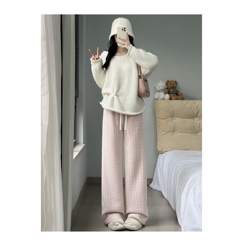 Autumn and winter new lazy style casual pants women's drape straight thin lamb wool thousand bird grid wide leg pants