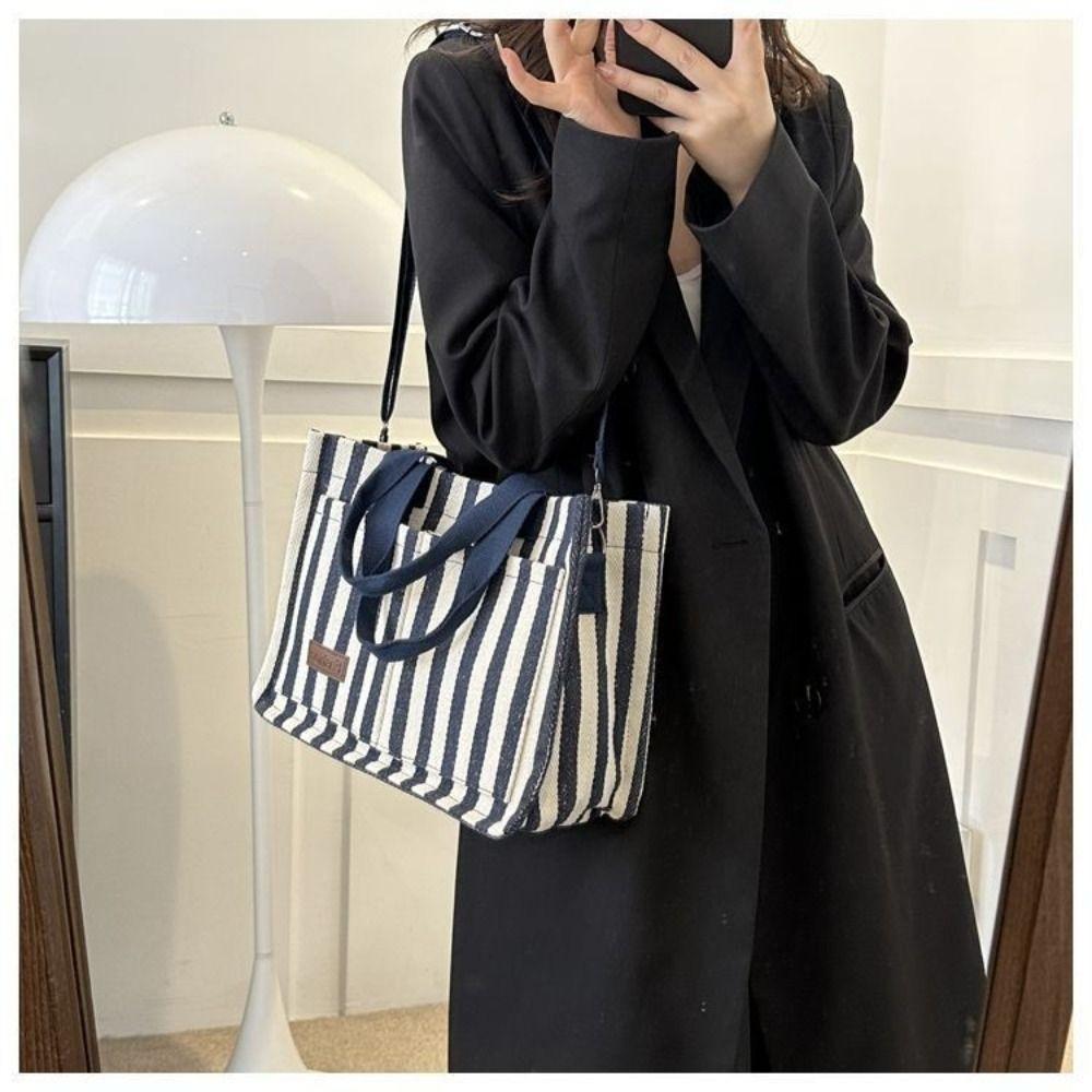 Korean Style Stripe Canvas Tote Bag Simple Cloth Handbag Cute Shoulder Bag  Shopping