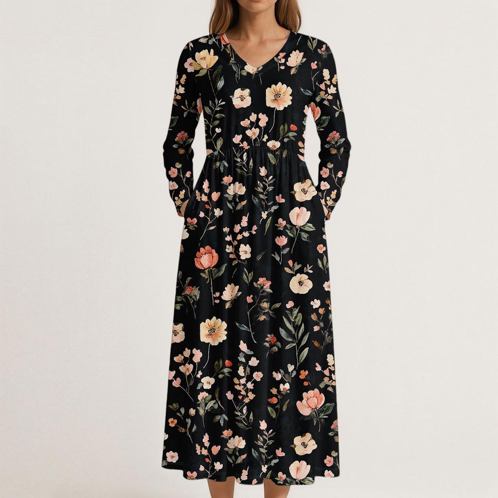 Šaty Pro Ženy Dlouhé Boho Plážové Šaty Elegantní Maxi Šaty Výstřih do V Dlouhý Rukáv Šaty s Kapsami