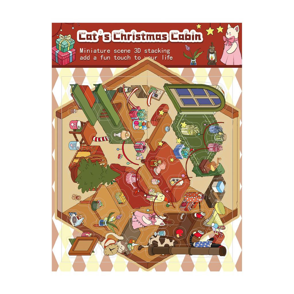 Cat Christmas House Landscape Stickers, Fun and Stress-relieving Collage Miniature World Scene Stickers