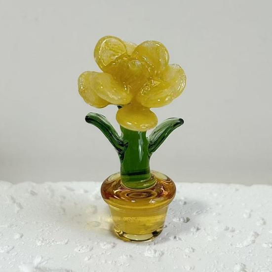 Mini Glass Rose Flower with Pot Colorful Rose Flower Ornaments Collectible Hand Blown Faux Crystal Flower Figurine for Mother's Day Birthday Table