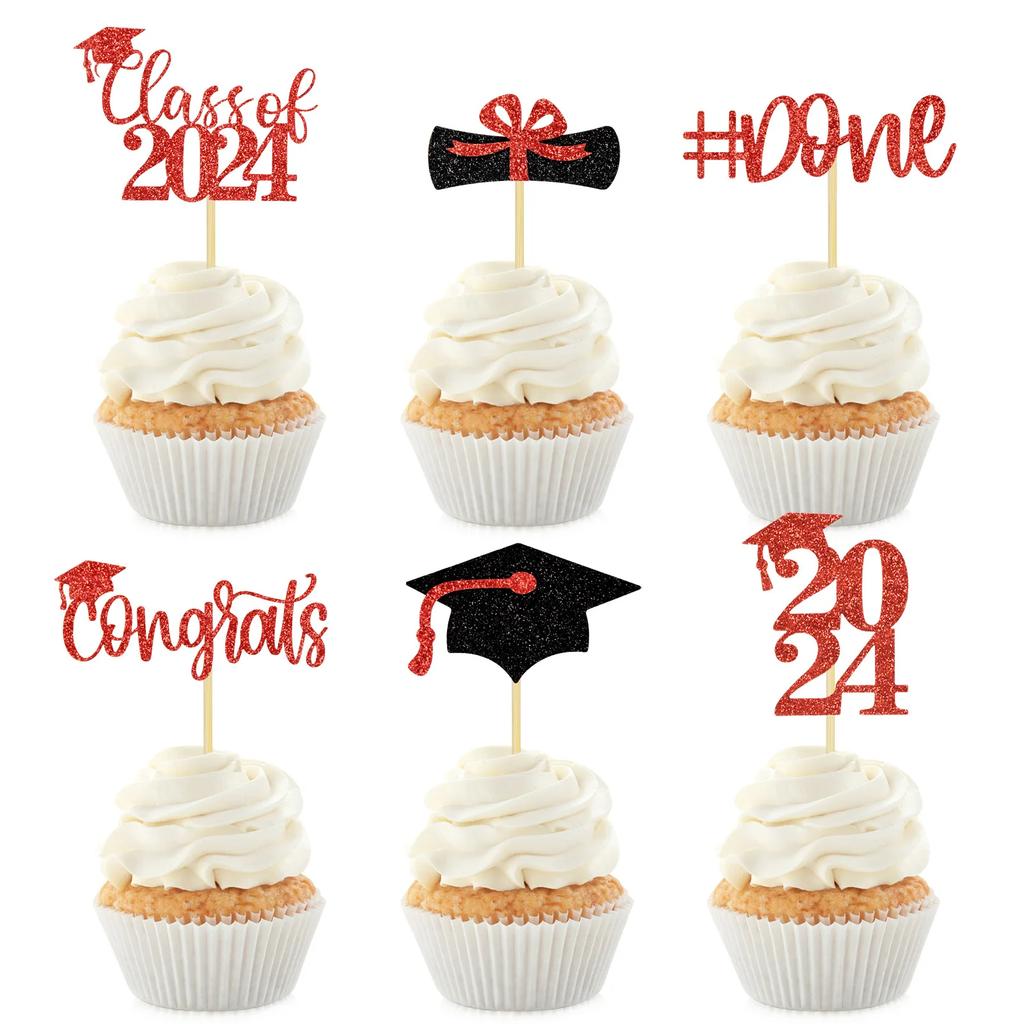 12 Pcs Graduation Season Celebration Cake Prop Insert Cap Cupcake Topper Party Decoration Toppers 2024 Card Decors Paper Picks