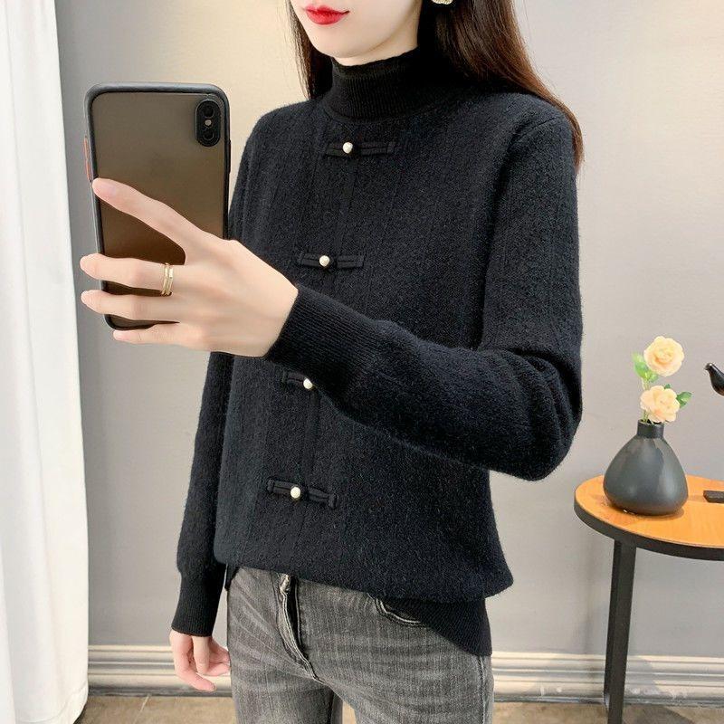 Women's Velvet Thickened Sweater Winter Warm Fashionable Chinese Style Lace Knitted Bottoming Shirt