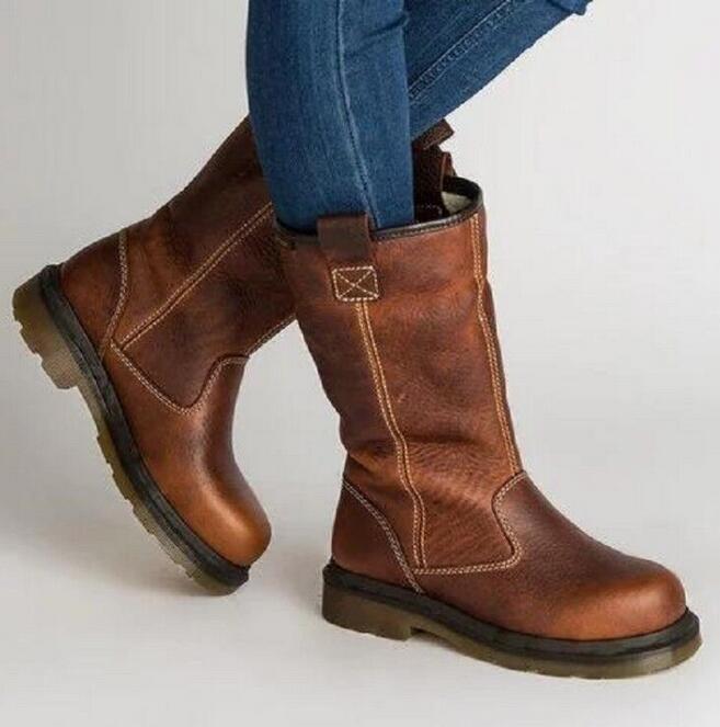 Women's Boots Ladies Vintage PU Leather Shoes Woman Chunky Low Heels Sapato Feminino Warm Booties