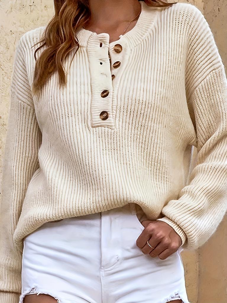 [Cozy Sweater] Soft & Comfortable Women's Cozy Pink Sweater | Casual Crew Neck, Long Sleeve Pullover for Fall/Winter, Button Details