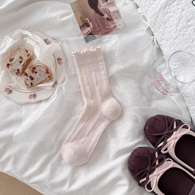 Cartoon Little Bear Style Summer and Spring Lightweight Mesh Breathable Mid-calf Socks with Cute Bow-shaped Lace Trim and Pile-up Design