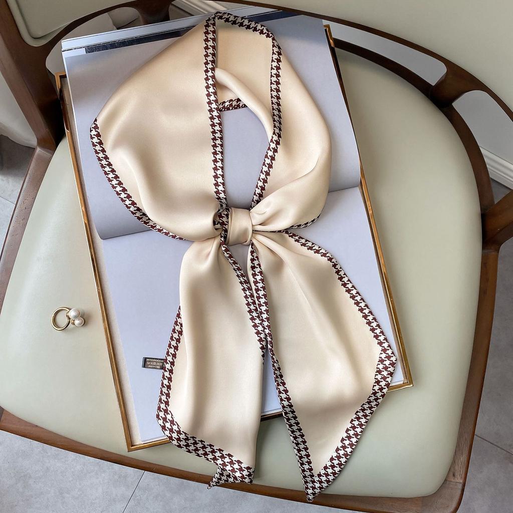 New Houndstooth Solid Color Scarf for Women with Thin Narrow Strips Decorative Small Scarf Headband Tied Bag Streamer Scarf