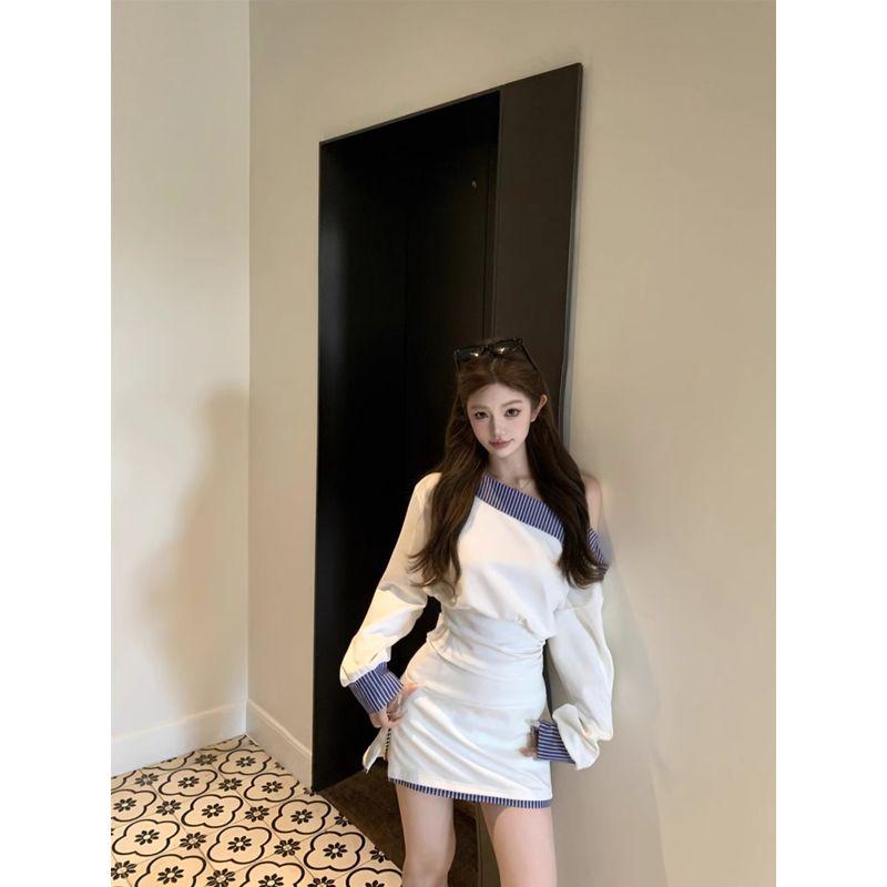 Kumikumi Pure Desire Style Suit Oblique Shoulder Temperament Long Sleeve Sweatshirt Female Autumn High Waist Slimming Skirt Two-piece Set