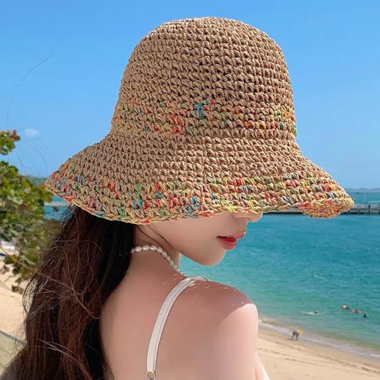 Chapéu de Pescador Cor Arco-Íris Misturada Palha Artesanal Vazado Respirável Proteção Solar Facial Completa Aba Larga Dobrável Portátil Chapéu de Férias