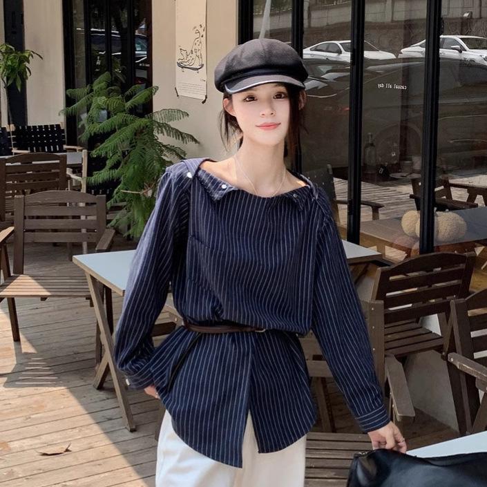 

2025 Trendy Retro Striped One-Shoulder Top for Plus-Size Women M (90-105 jin)