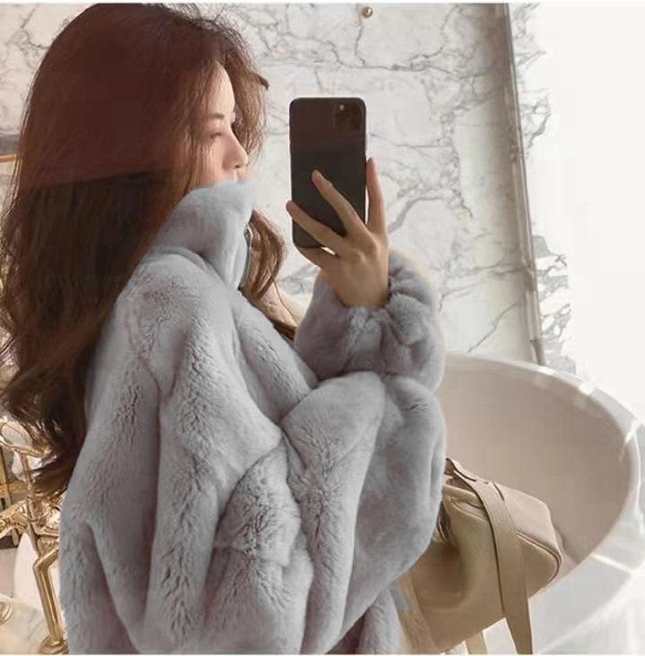 

Новое плюшевое пальто из овечьей шерсти женское легкое средней длины и длинное пальто свободного кроя из кроличьего рекса с утолщенным воротником-стойкой XXL