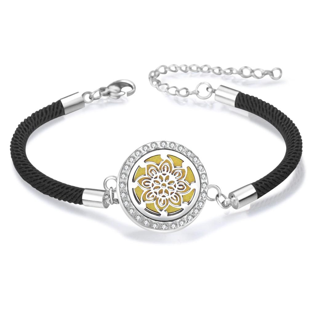 Diamond Inlaid Aroma Diffuser Bracelet: Adjustable Black Rope Wristband for Women