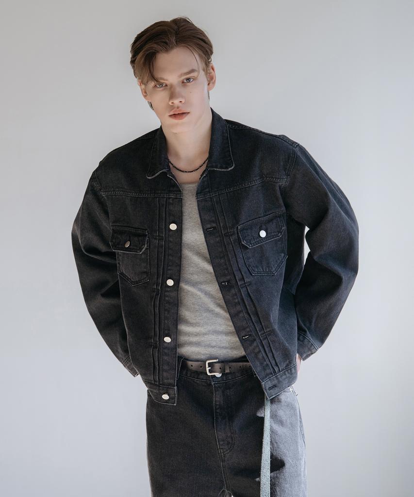 Decoroso Dart Washed Denim Trucker Jacket [Raw Black]