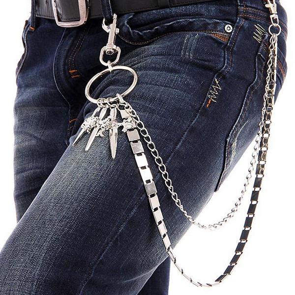 Men Silver Metal Wallet Chains KeyChain Biker Trucker Black Genuine Leather Bull