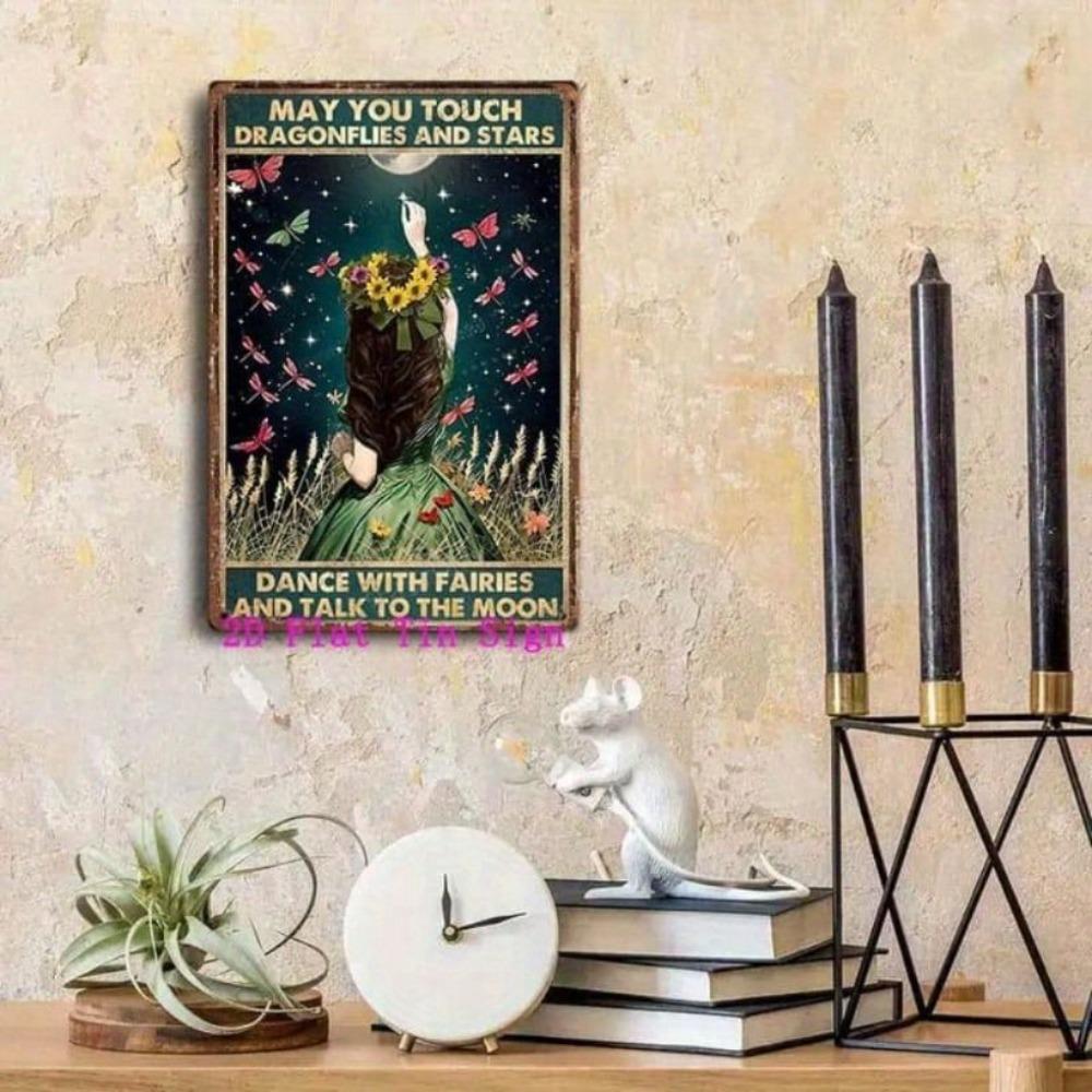 Vintage Metal Poster Moon Stars Butterflies Fairies Wall Art Fantasy Bedroom Decor