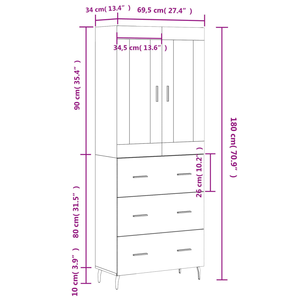Highboard Concrete Grey 69.5x34x180 cm Engineered Wood
