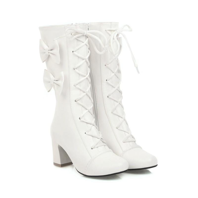 

Милые полусапоги с бантом-бабочкой, квадратным каблуком, боковой молнией и шнуровкой, женские ботинки в стиле лолиты розового цвета, размеры 34-44, высота 6 см 34 белый