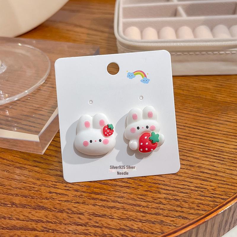 Japanese Kawaii Pastel Rabbit Bear & Strawberry Fruit Earrings with Silver Posts