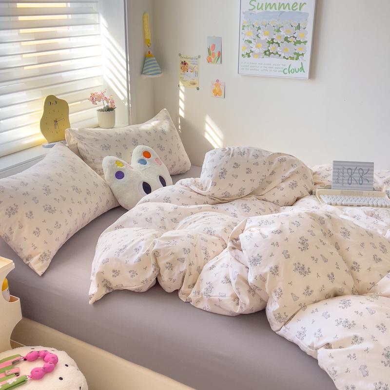 Class A Maternal and Infant Grade Knitted Cotton Double-layer Yarn 4pcs Set, Super Soft Washed Cotton Quilt Cover, Student Dormitory 3pcs Set
