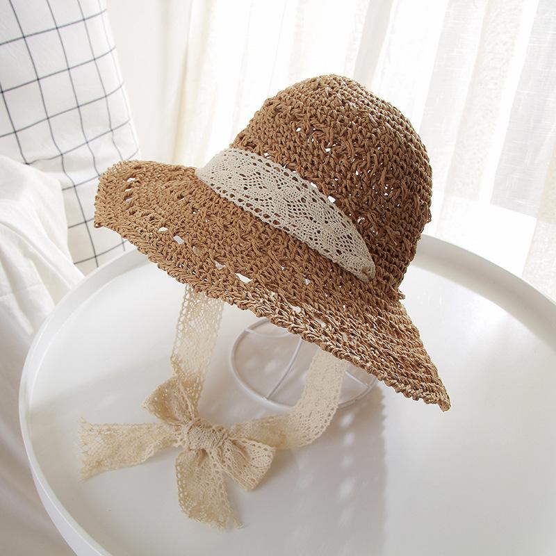 Versatile Style Hat Straw Woven Hollow Lace Strap Womens Sunshade Hatscaps