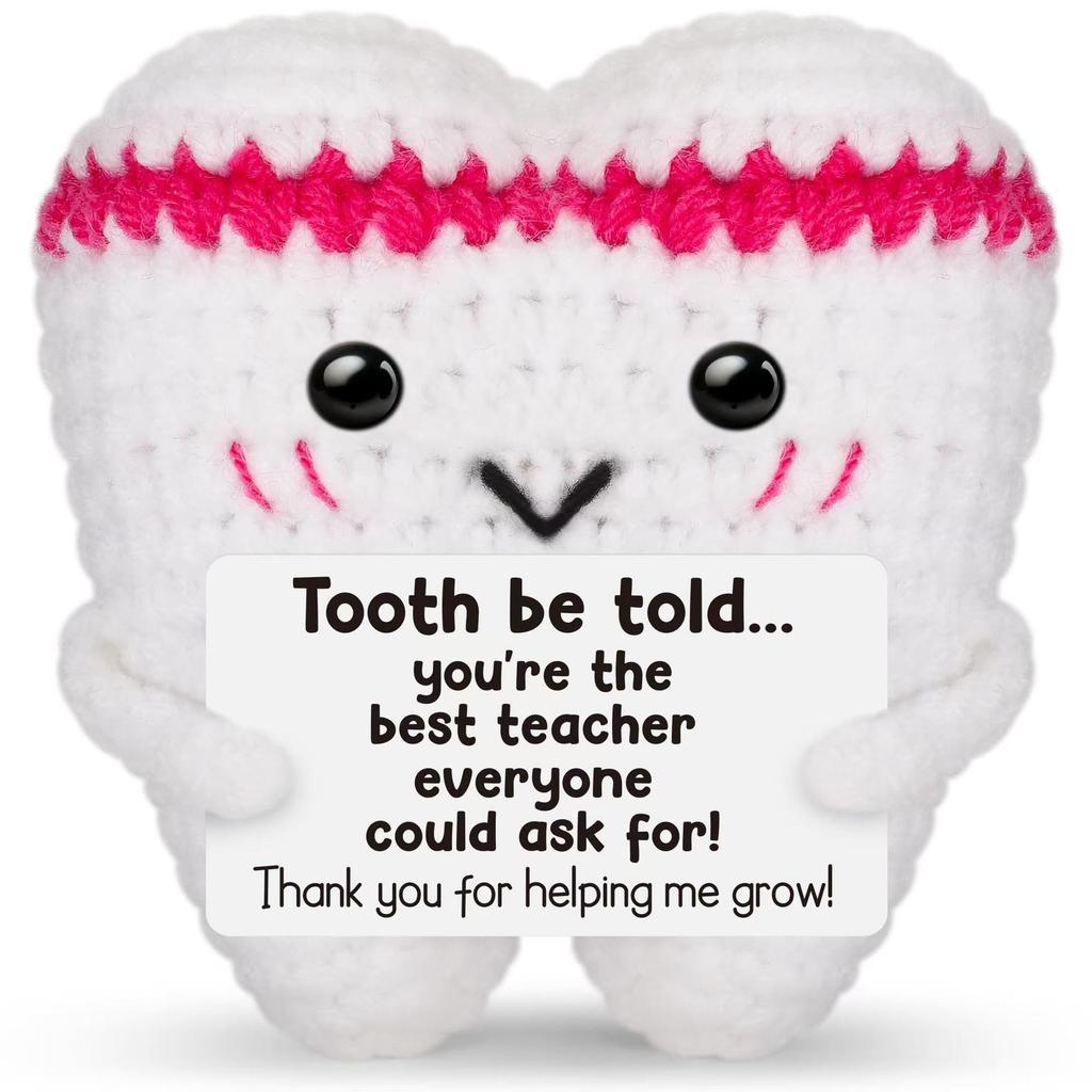 Funny Crochet Positive Energy Tooth Doll With Card Home Room Decoration Handmade Knitted Tooth Desktop Ornament Christmas Gifts