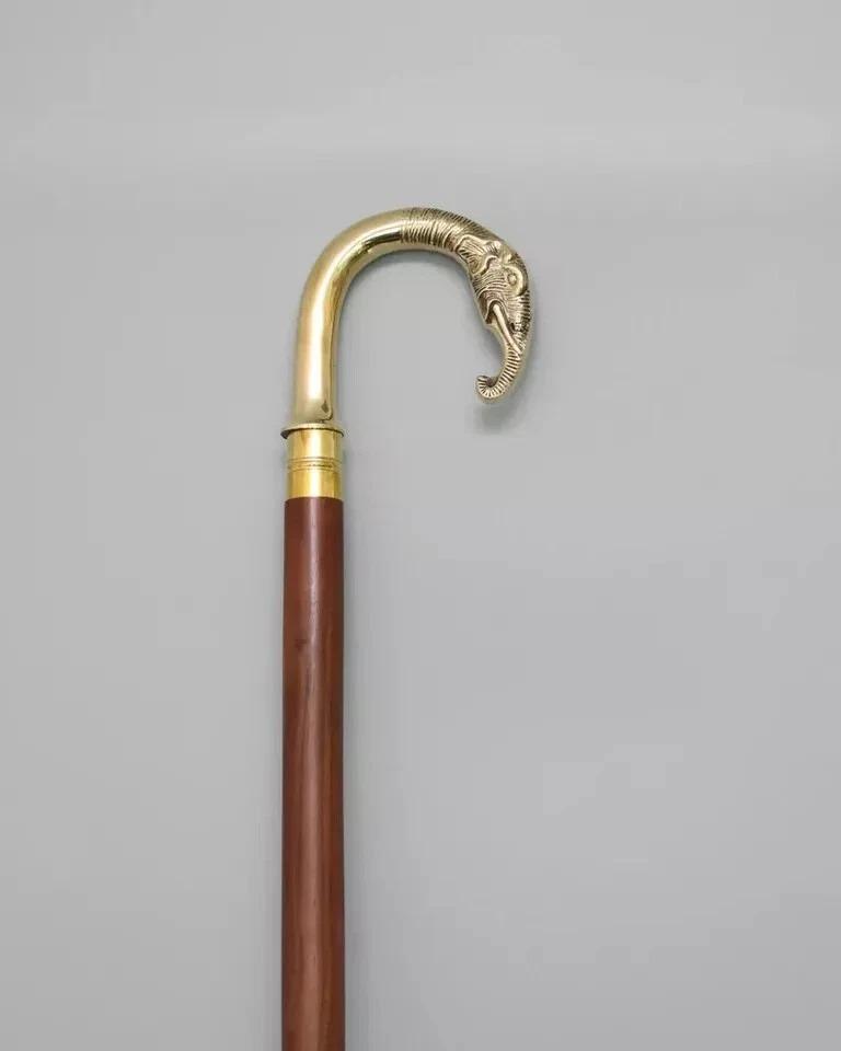 

Elephant walking stick, wooden cane, elephant head handle, brass handle золотой