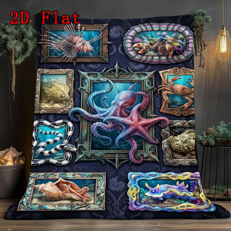 Ocean 2D Flat Pattern Flannel Blanket, High quality All Seasons, Home Decor, Warmth and Comfort, Perfect for Christmas Gifts.