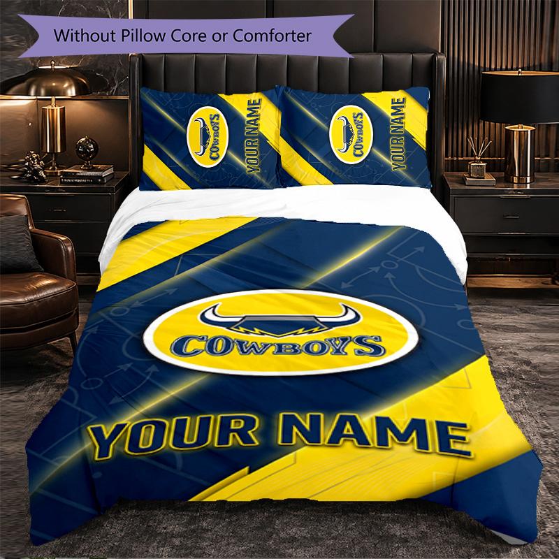 North Queensland Cowboys Customized Name Text Bedding Set, 1 Duvet Cover & 2 Pillowcases Personalized Bedroom Gift