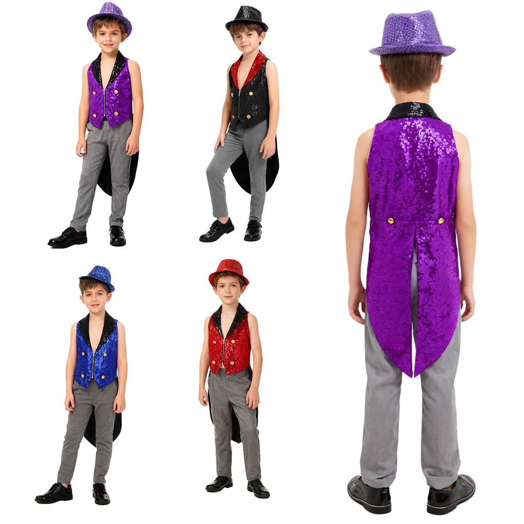 Kids Sequins Medieval Vest Victorian Tailcoat Lapel V Neck Front Zip Vest Solid Sequins Fedora Hat Circus Outfit