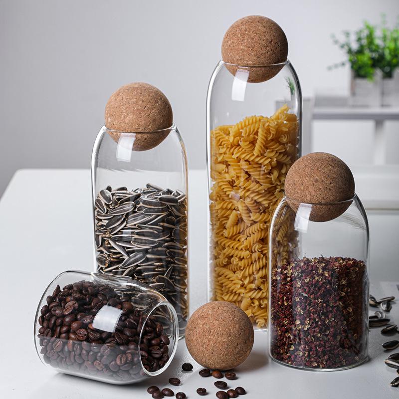 High Borosilicate Glass Storage Jar with Cork Stopper for Grains, Tea, and More