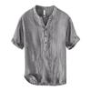Men's Retro National Trend Linen V-Neck Pullover Shirt - Short-Sleeved, Stand-Up Collar, Lightweight, Breathable