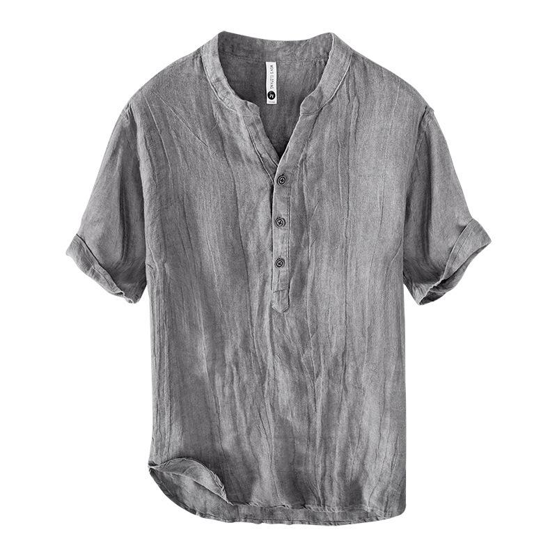 Men's Retro National Trend Linen V-Neck Pullover Shirt - Short-Sleeved, Stand-Up Collar, Lightweight, Breathable