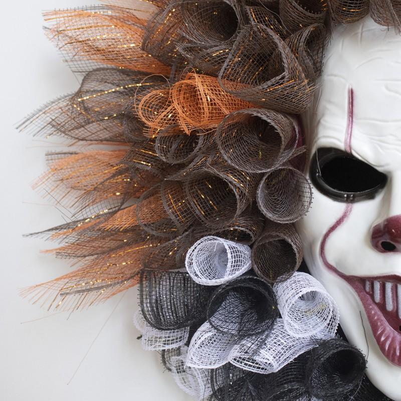 Halloween Clown Wreath Decor With Ribbon - Scary Fun Party Hanging Ornament Haunted House Porch Door Indoor Outdoor