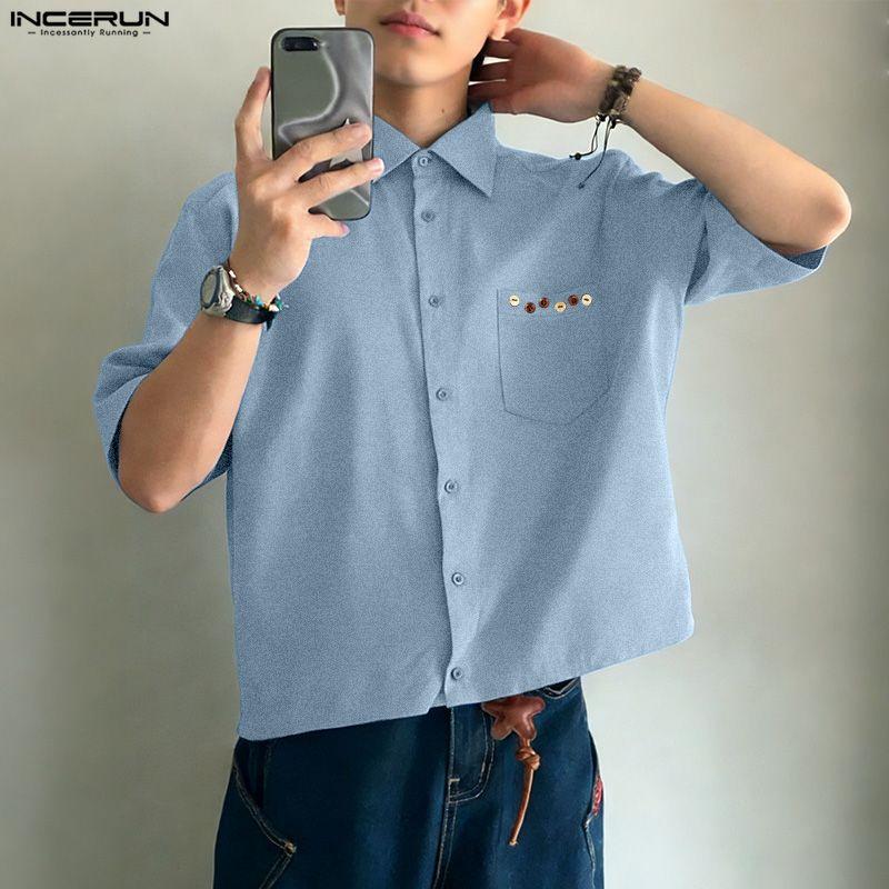 INCERUN Oversized Men Lapel Neck Short Sleeve Loose Casual Shirts