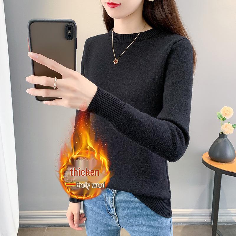 2025 Women's Autumn/Winter Half-High Collar Plus Velvet Thickened Sweater: Cozy Knit Base Layer Fleece Pullover