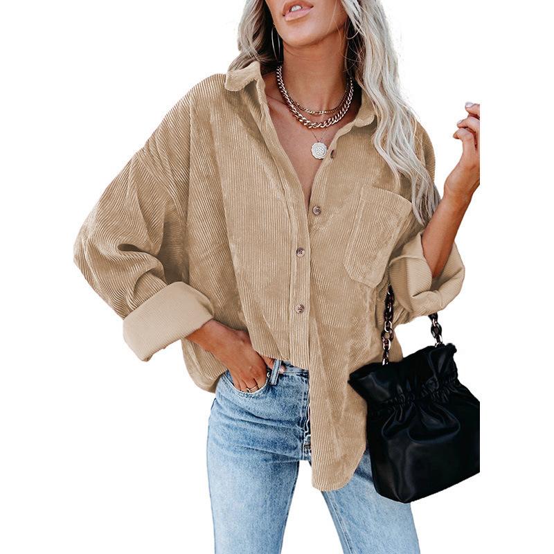 Damer Casual Manchestervårdblus Randig Damer Skjortjacka Vintage Knapp Ficka Lös Mode Blusar Toppar Plus Size