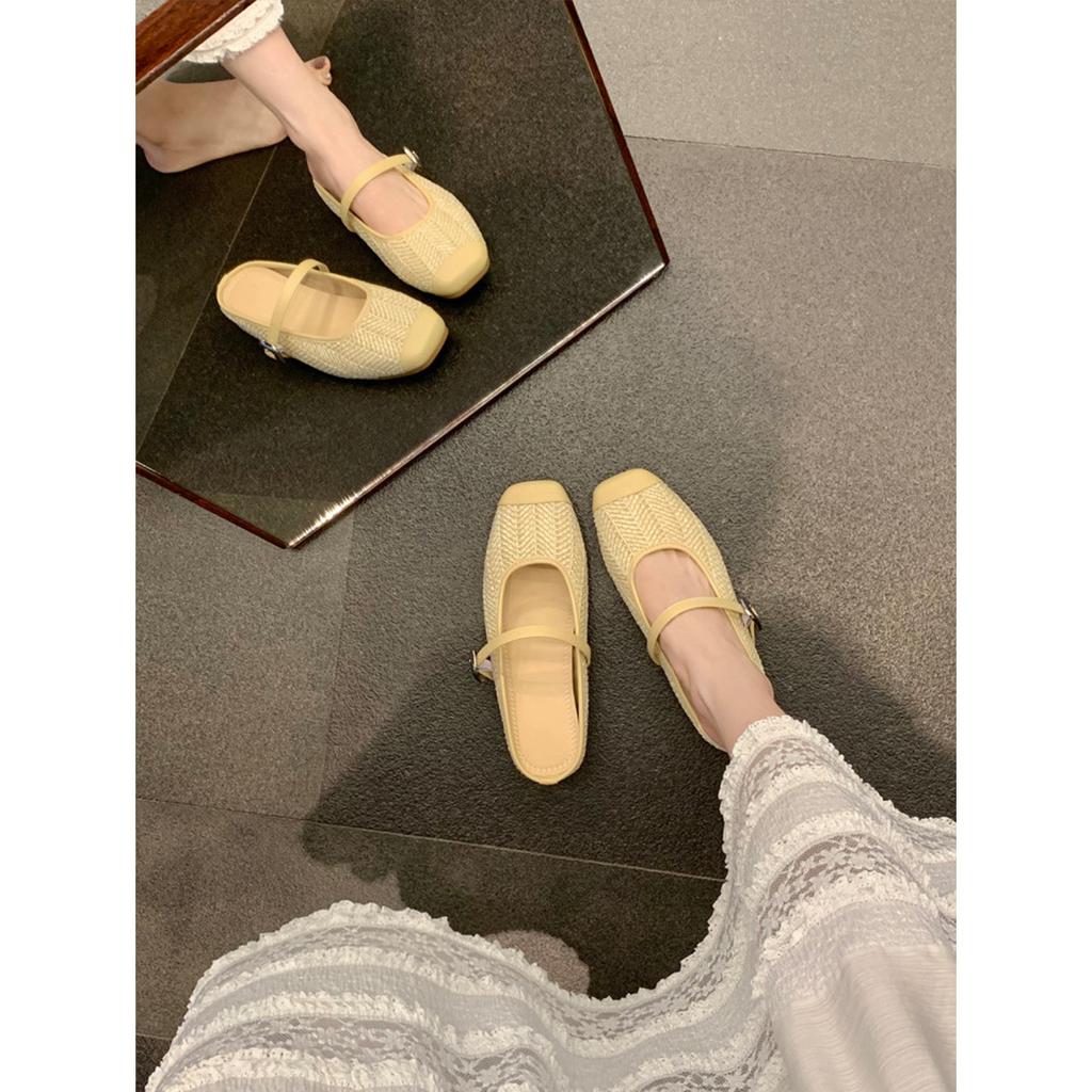 Height Increase Of 5Cm~ One Word With Mary Jane Shoes Holiday Style Straw Woven Square Head Cool Slippers Lazy Bag Head Half Drag Female Summer