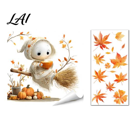 Cute Ghost Pumpkin Decals Autumn Ghost/Gnome Static Glass Sticker PVC Waterproof Maple Leaves Window Removable Party Supplies Decal Cling
