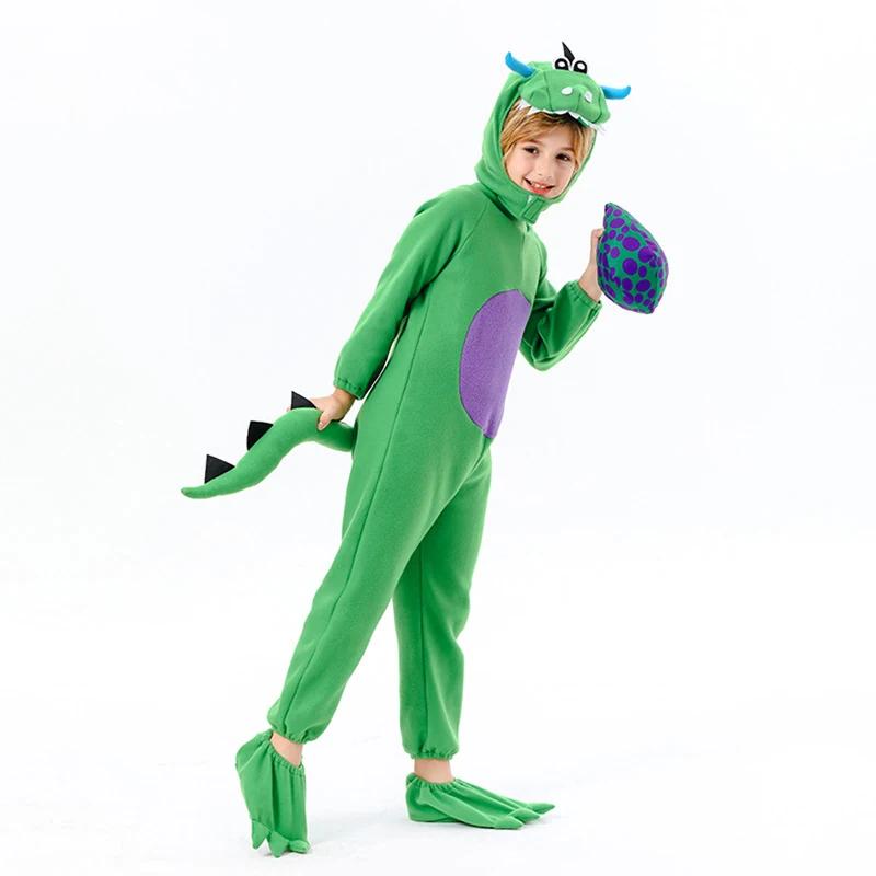Set de costume de dinozaur pentru copii, fleece cu mânecă lungă, salopetă de dinozaur cu glugă, huse pentru picioare, costum cosplay pentru Halloween