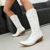 Fashion IPPEUM Silver Metallic Cowboy Boots Knee High Embroider Chunky Heel  Cowgirl Shoes Mid Calf Western Botas Cowboy Mujer
