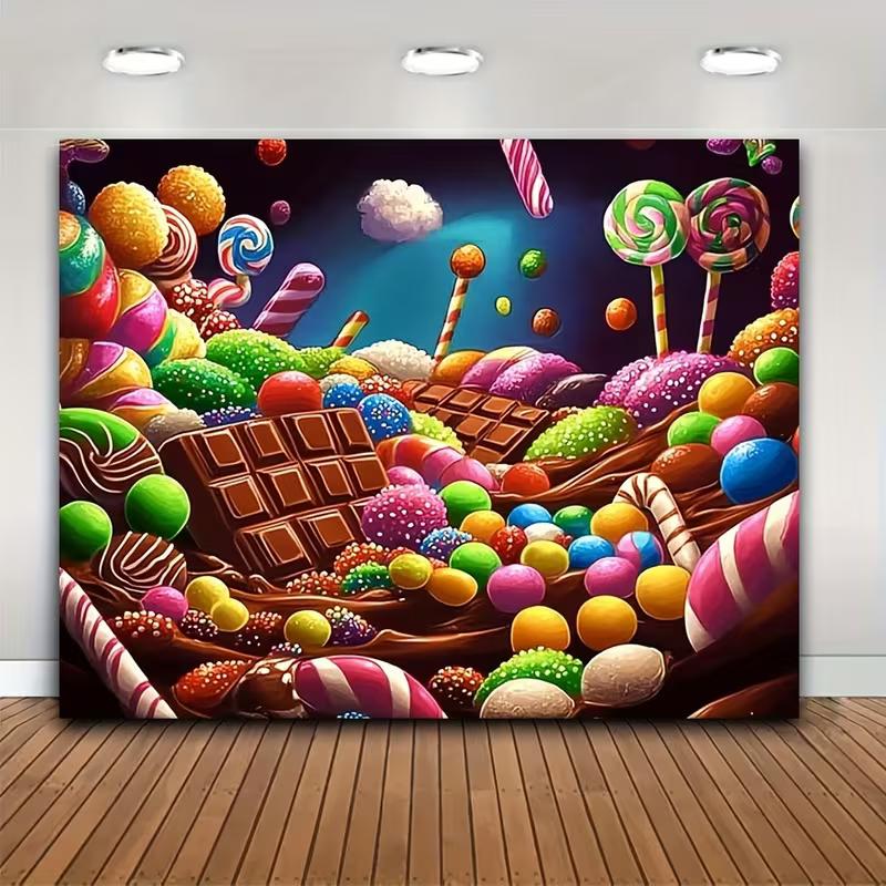 

2D Sweet Candy Party Backdrop, Fantasy Candy World with Chocolate Bars, Lollipops and Gummies Print Photo Banner 47.2x31.5inch/120*80cm