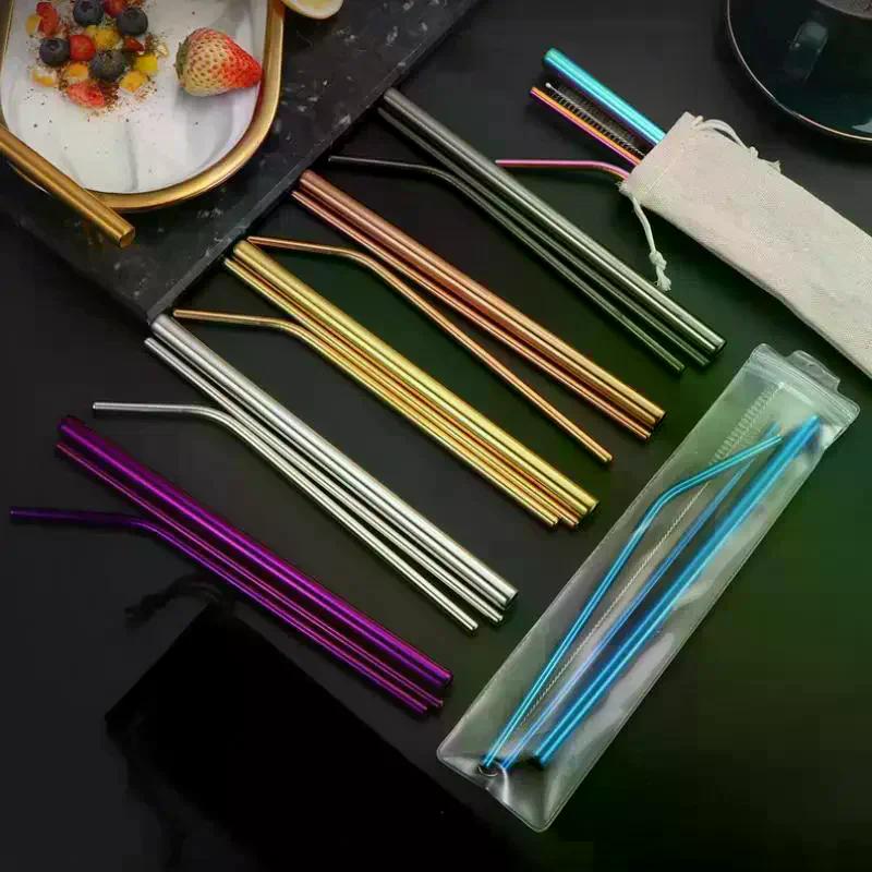 4PCS Stainless Steel Straw Reusable Metal Drinking Straw With Cleaner Brush For Home Party Barware Bar Accessories