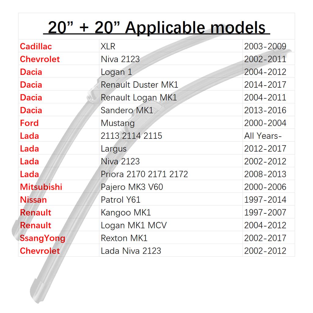 Auto Frontscheibenwischerblätter 20" + 20" J Haken U-Typ Universal für Cadillac Chevrolet Ford Mitsubishi Nissan Renault SsangYong